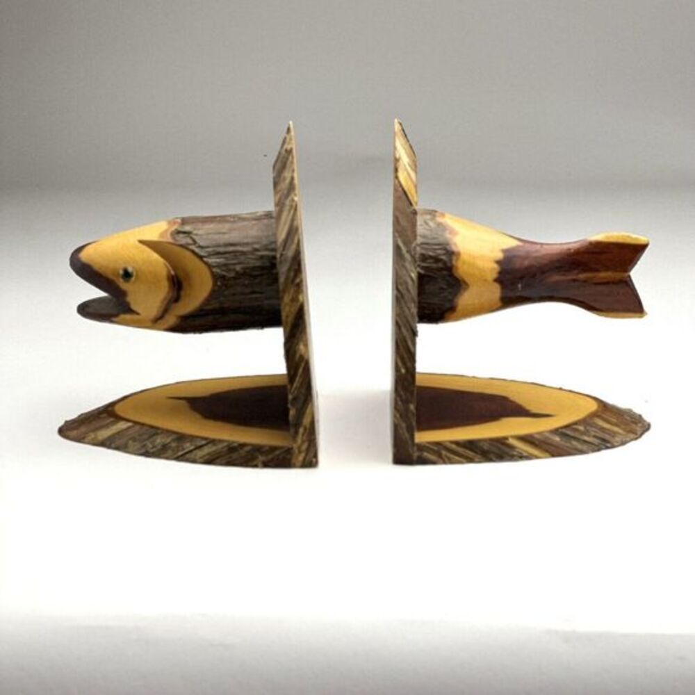 Hand Carved Wood‎ Salmon Fish Bookends